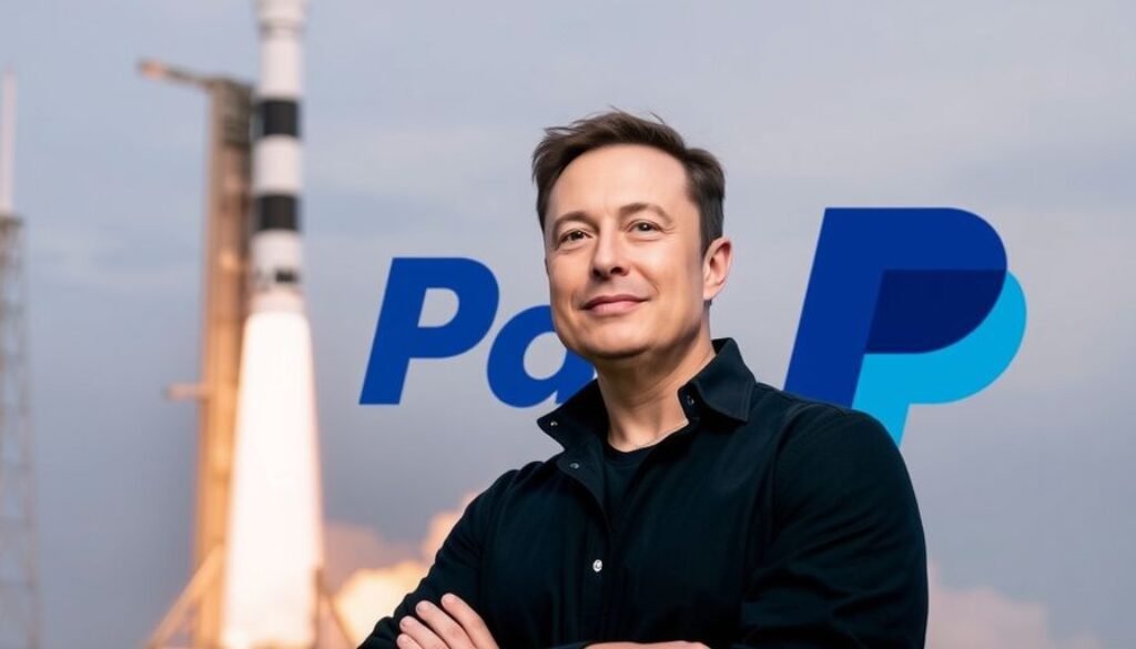 Elon Musk with SpaceX rocket and PayPal logo