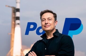 Elon Musk with SpaceX rocket and PayPal logo