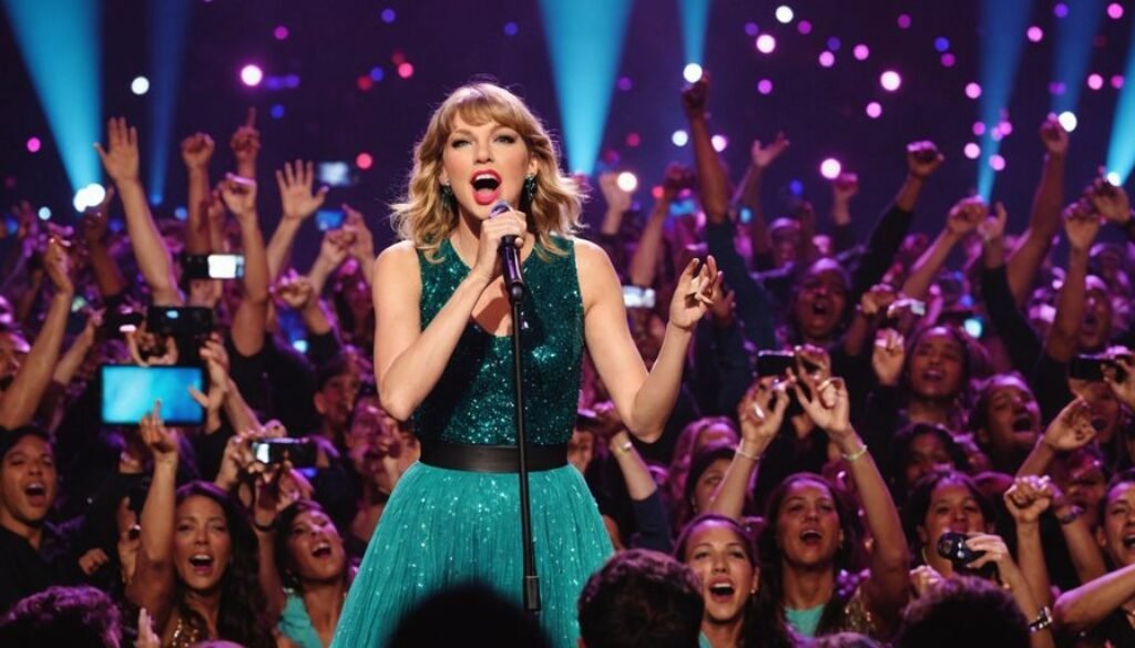 Taylor Swift performing on stage with colorful lights