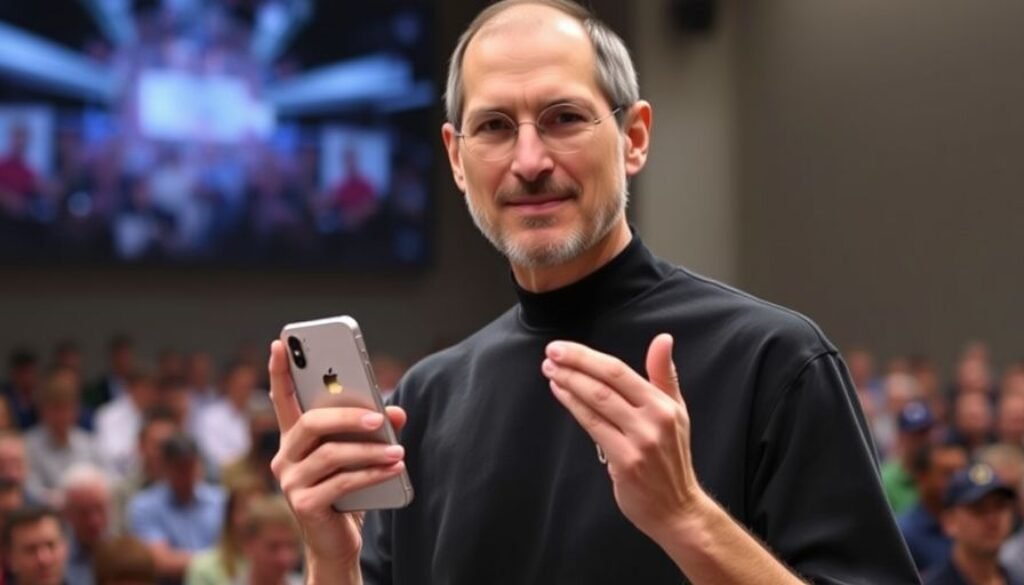 Steve Jobs holding an iPhone on stage