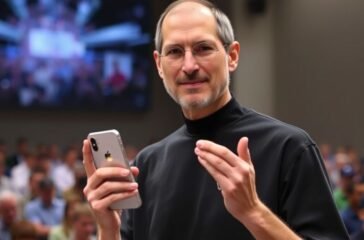 Steve Jobs holding an iPhone on stage