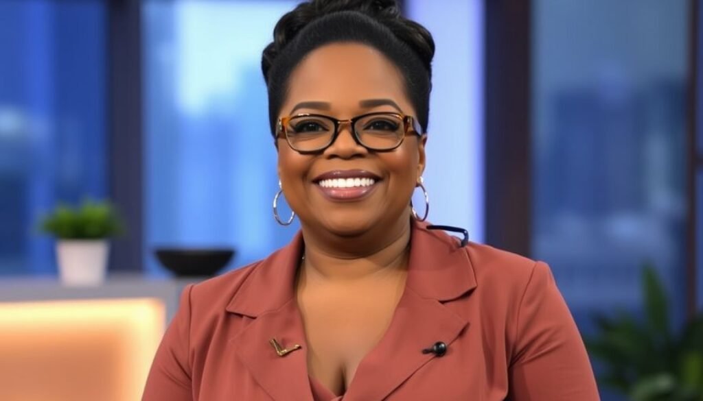 Oprah Winfrey smiling confidently in a studio