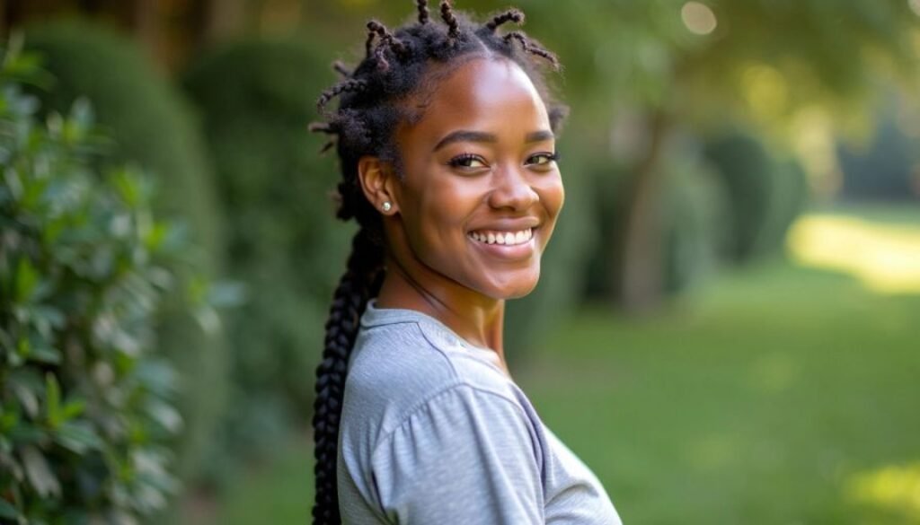 Young woman with braids smiling in a green outdoor setting.