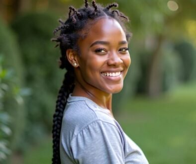 Young woman with braids smiling in a green outdoor setting.