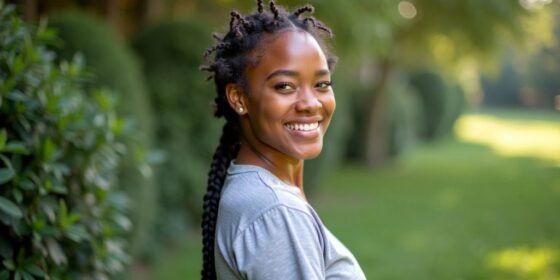 Young woman with braids smiling in a green outdoor setting.