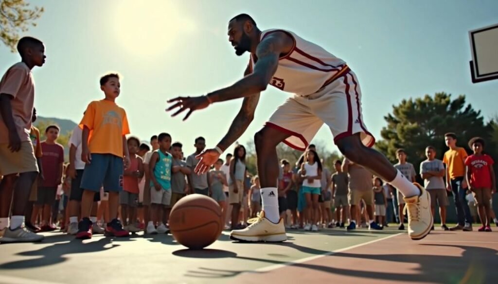 LeBron James dribbling a basketball with children around.