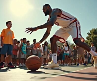 LeBron James dribbling a basketball with children around.