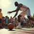 LeBron James dribbling a basketball with children around.