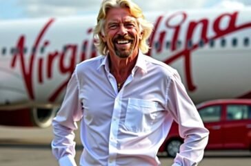 Richard Branson in front of Virgin airplane