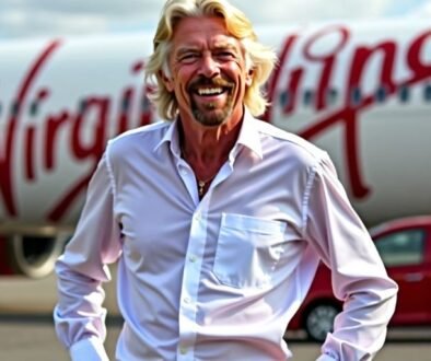 Richard Branson in front of Virgin airplane