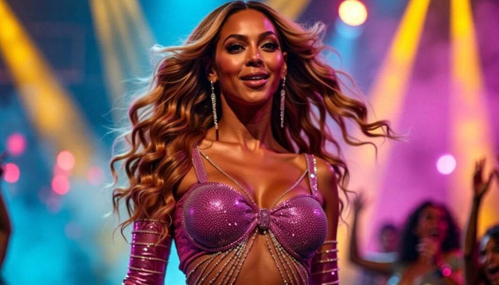 Beyoncé performing on stage with colorful lights and crowd.