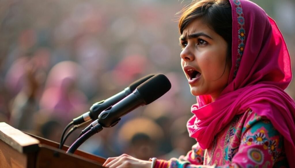 Malala Yousafzai speaking at a podium