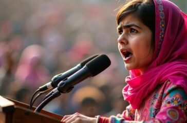 Malala Yousafzai speaking at a podium