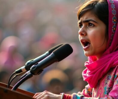 Malala Yousafzai speaking at a podium