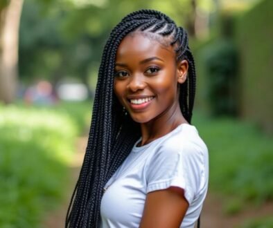 Young woman with braids smiling in a green outdoor setting.