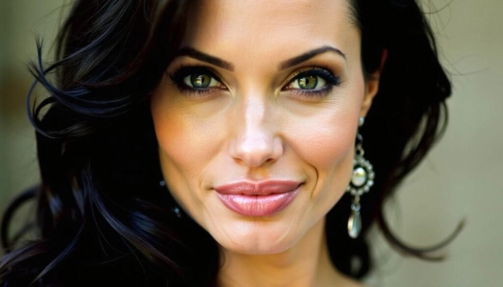 Close-up portrait of Angelina Jolie with dark hair.