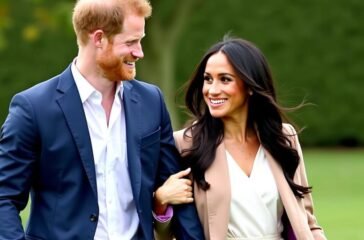 Prince Harry and Meghan smiling and walking together.