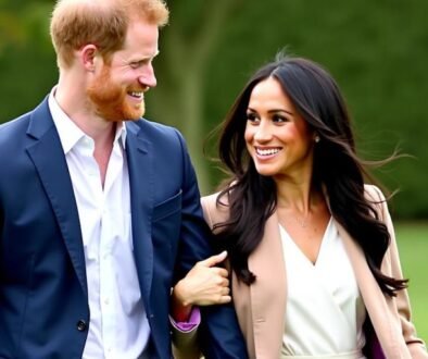 Prince Harry and Meghan smiling and walking together.