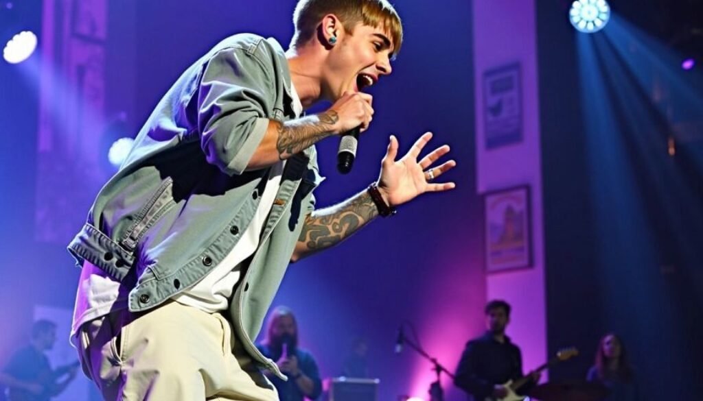 Justin Bieber performing passionately on stage