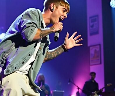 Justin Bieber performing passionately on stage