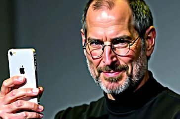 Steve Jobs holding the first iPhone.