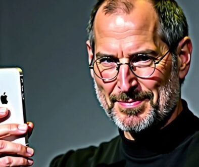 Steve Jobs holding the first iPhone.