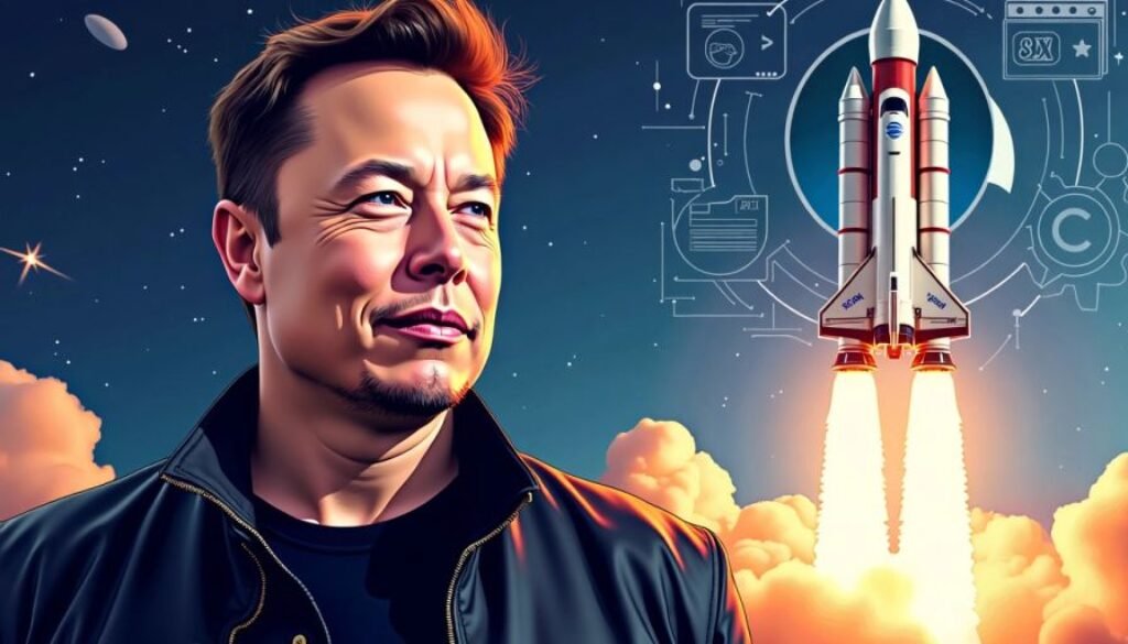 Elon Musk with rocket launch background