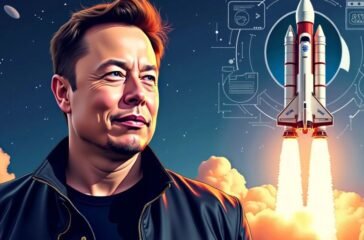 Elon Musk with rocket launch background