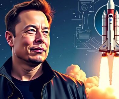 Elon Musk with rocket launch background